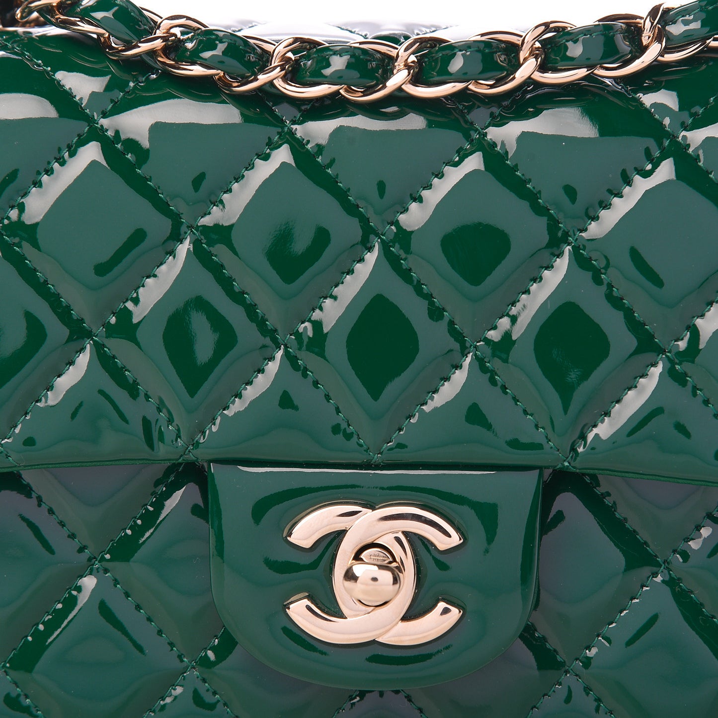 Patent Calfskin Quilted Mini Rectangular Flap Dark Green