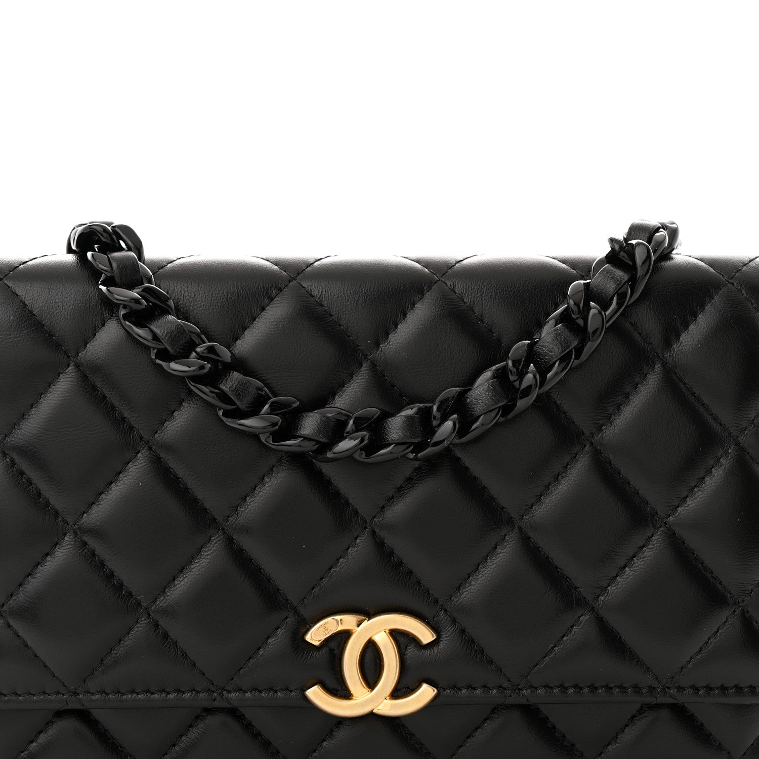 Chanel Lambskin Resin Quilted Wallet On Chain WOC Black 9 of 12