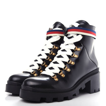 Gucci Calfskin Womens Sylvie Web Lace Up Combat Boots 40 Black 3 of 11
