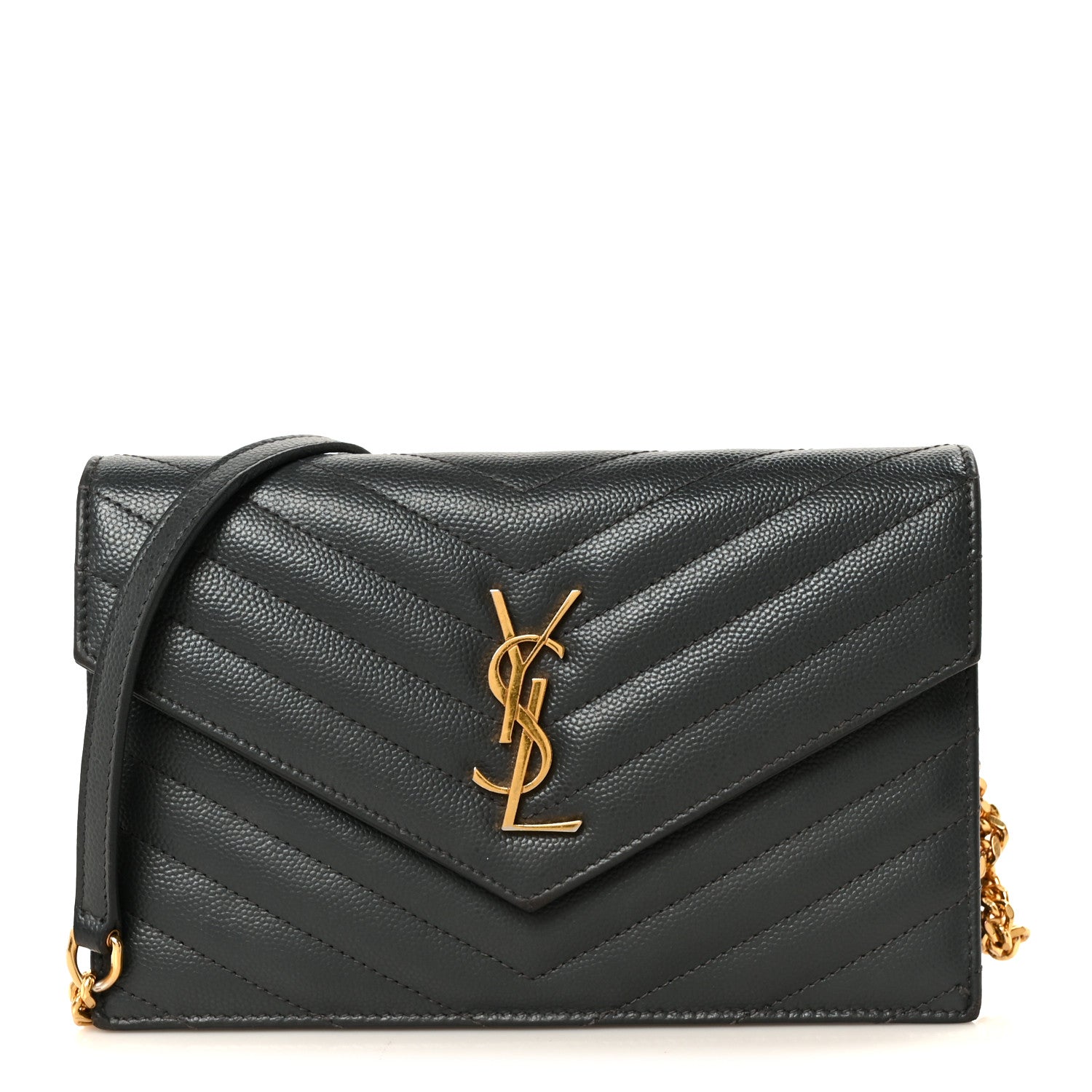 Saint Laurent Grain De Poudre Matelasse Chevron Monogram Envelope Chain Wallet Dark Smog 1 of 11