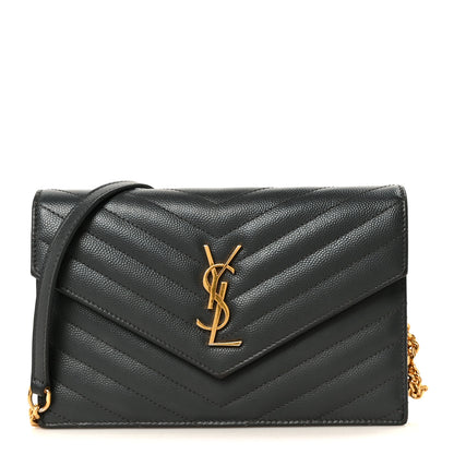 Saint Laurent Grain De Poudre Matelasse Chevron Monogram Envelope Chain Wallet Dark Smog 1 of 11