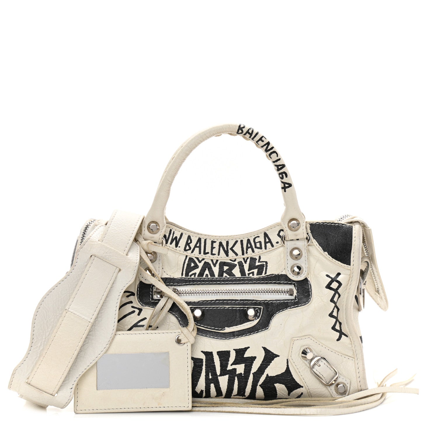 Balenciaga Agneau Arena Graffiti All Over Classic Silver Hardware Mini City White Black 1 of 8