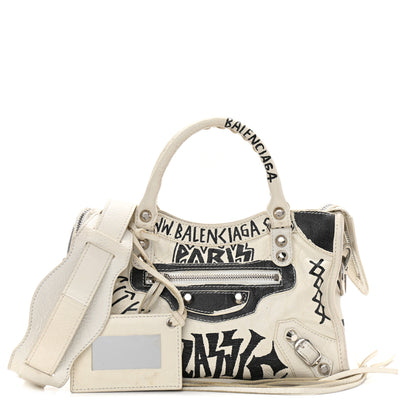 Balenciaga Agneau Arena Graffiti All Over Classic Silver Hardware Mini City White Black 1 of 8