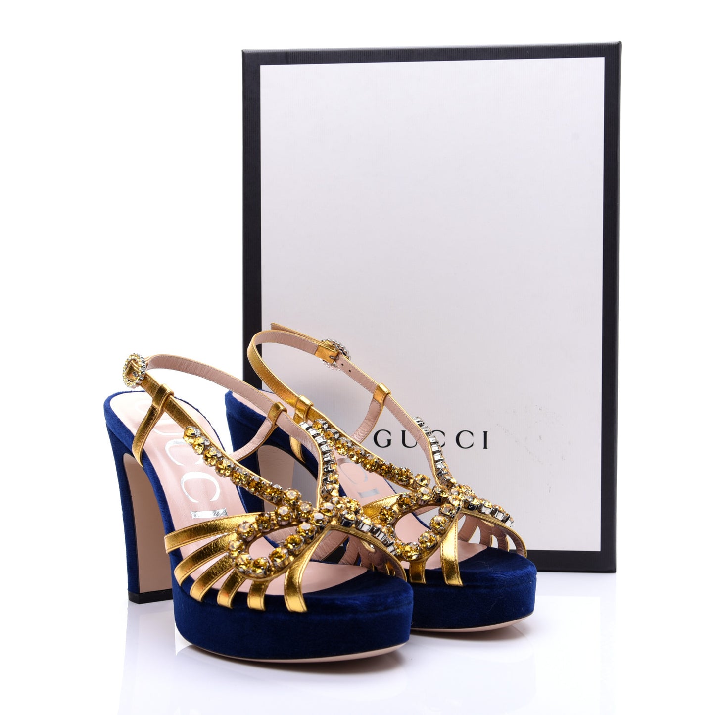 Velvet Nappa Crystal Zephyra Slingback Platform High Heel Sandals 36.5 Blue Gold