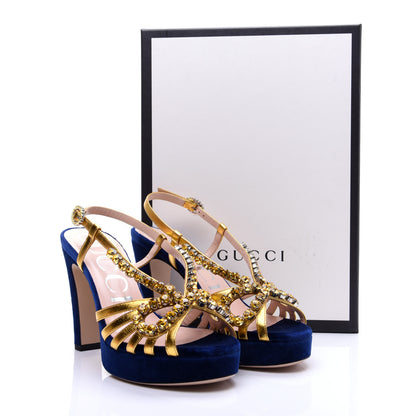 Gucci Velvet Nappa Crystal Zephyra Slingback Platform High Heel Sandals 36.5 Blue Gold 12 of 12