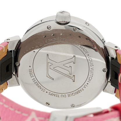 Louis Vuitton Stainless Steel Monogram 35mm Tambour GMT Quartz Watch Pink 4 of 4