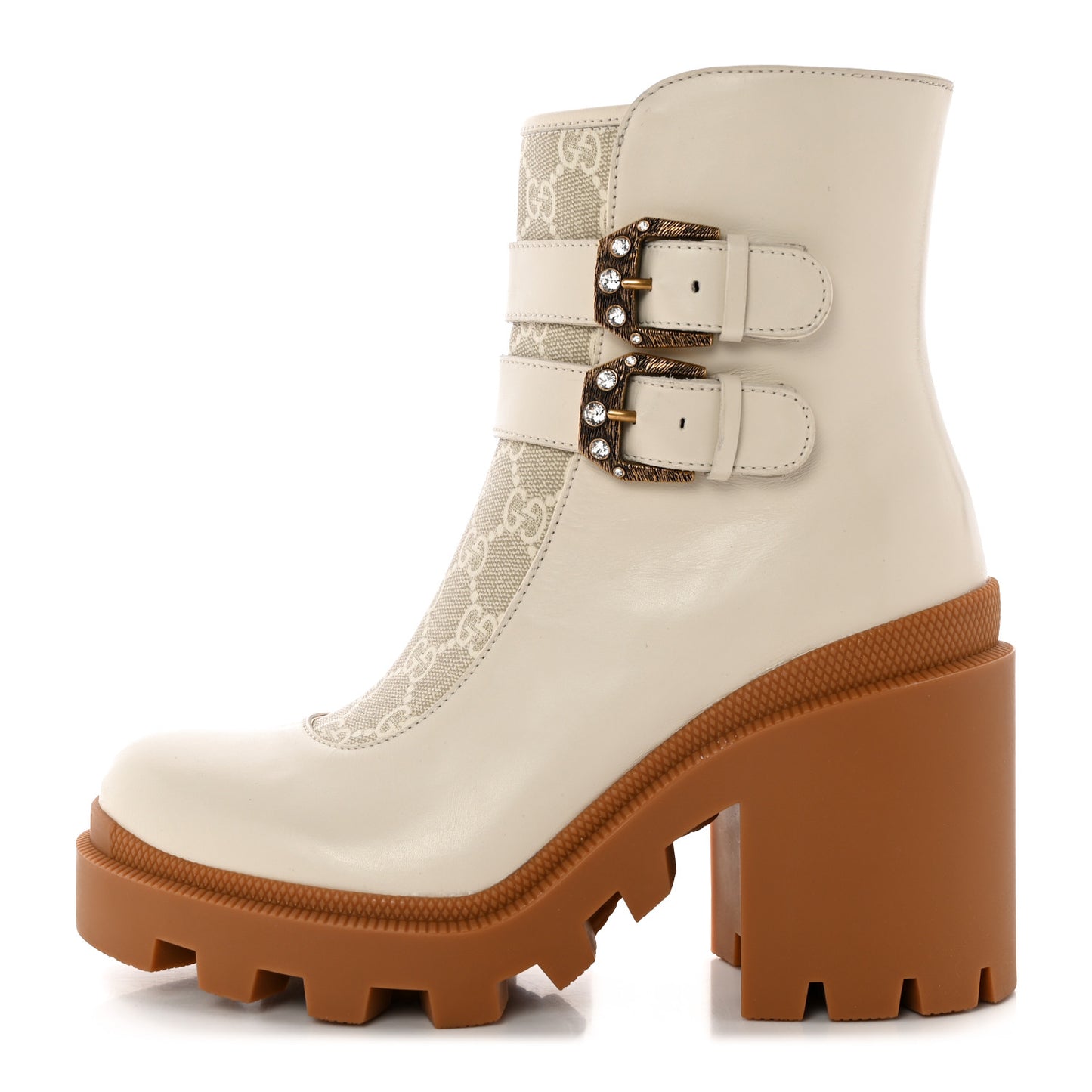 Kensington Calfskin Nappa GG Supreme Monogram Womens Double Buckle Ankle Boots 37 Mystic White Beige