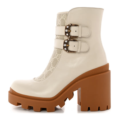 Gucci Kensington Calfskin Nappa GG Supreme Monogram Womens Double Buckle Ankle Boots 37 Mystic White Beige 1 of 12