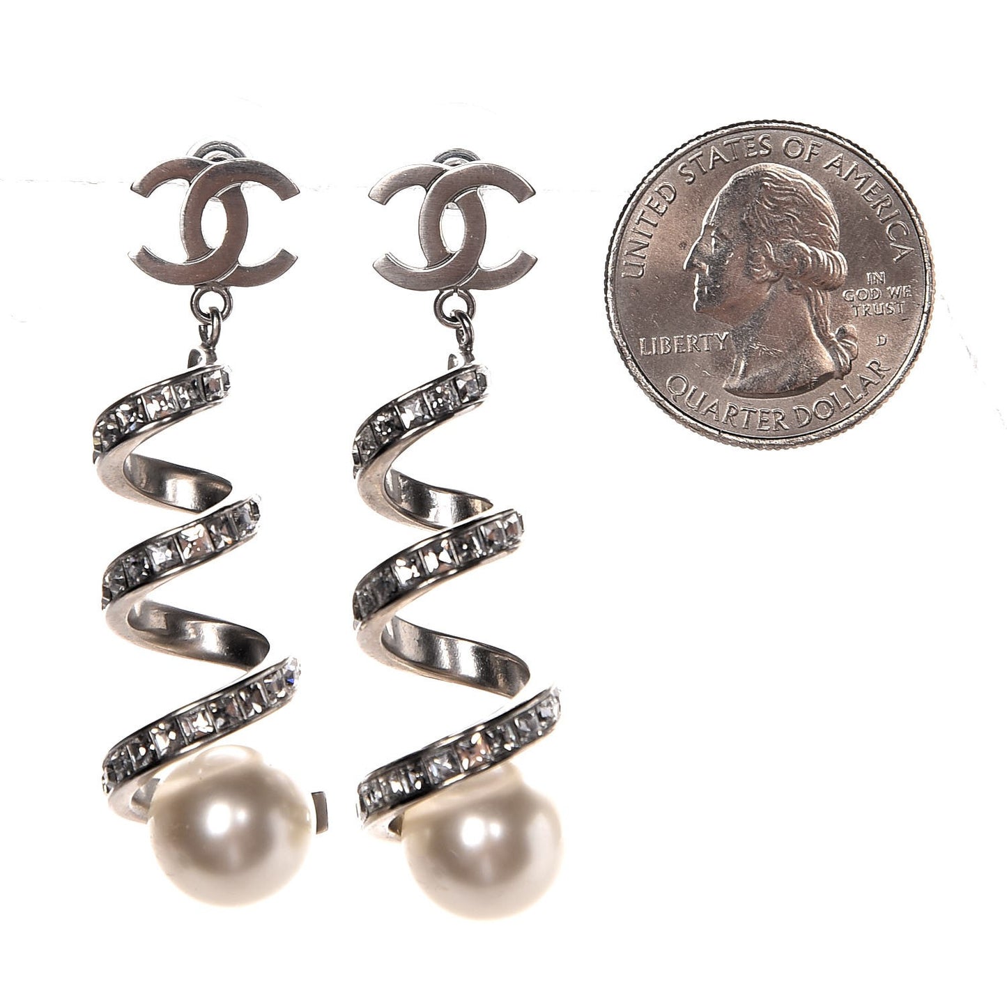 Baguette Crystal Pearl CC Drop Earrings Silver