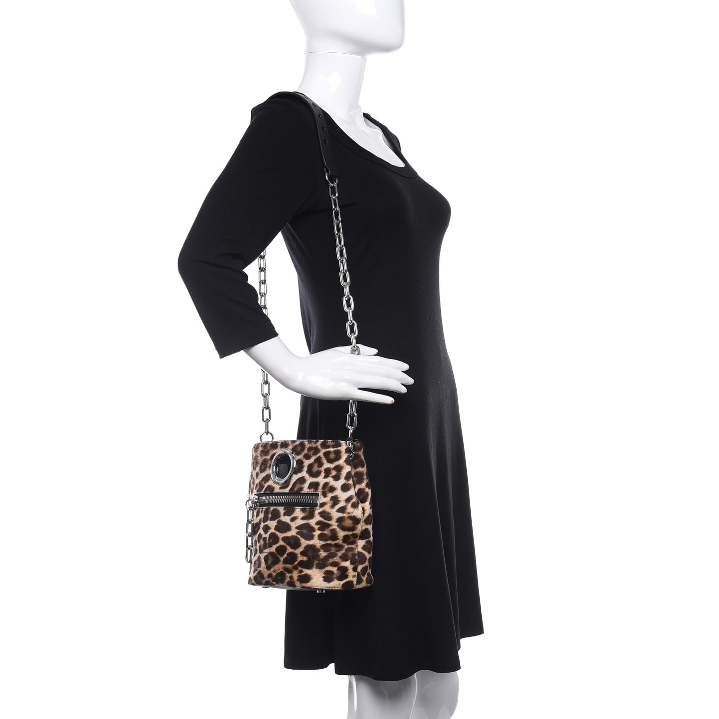 Calf Hair Leopard Print Riot Bucket Bag Black Silver Hardware