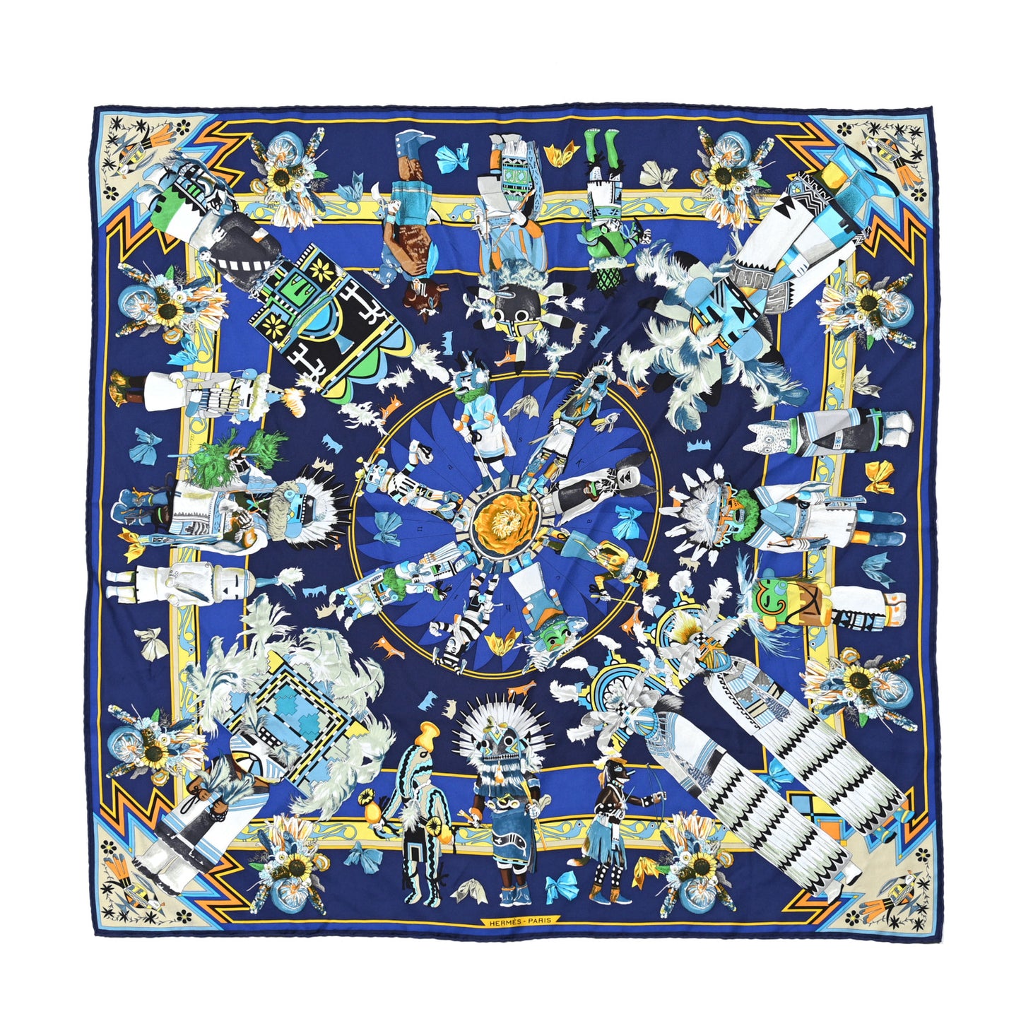 Silk Kachinas Wash Scarf 90 Marine Jaune Vert