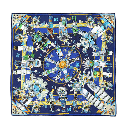 Hermes Silk Kachinas Wash Scarf 90 Marine Jaune Vert 1 of 6