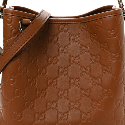 Gucci GG Calfskin Embossed Emblem Small Bucket Bag Brown 8 of 10