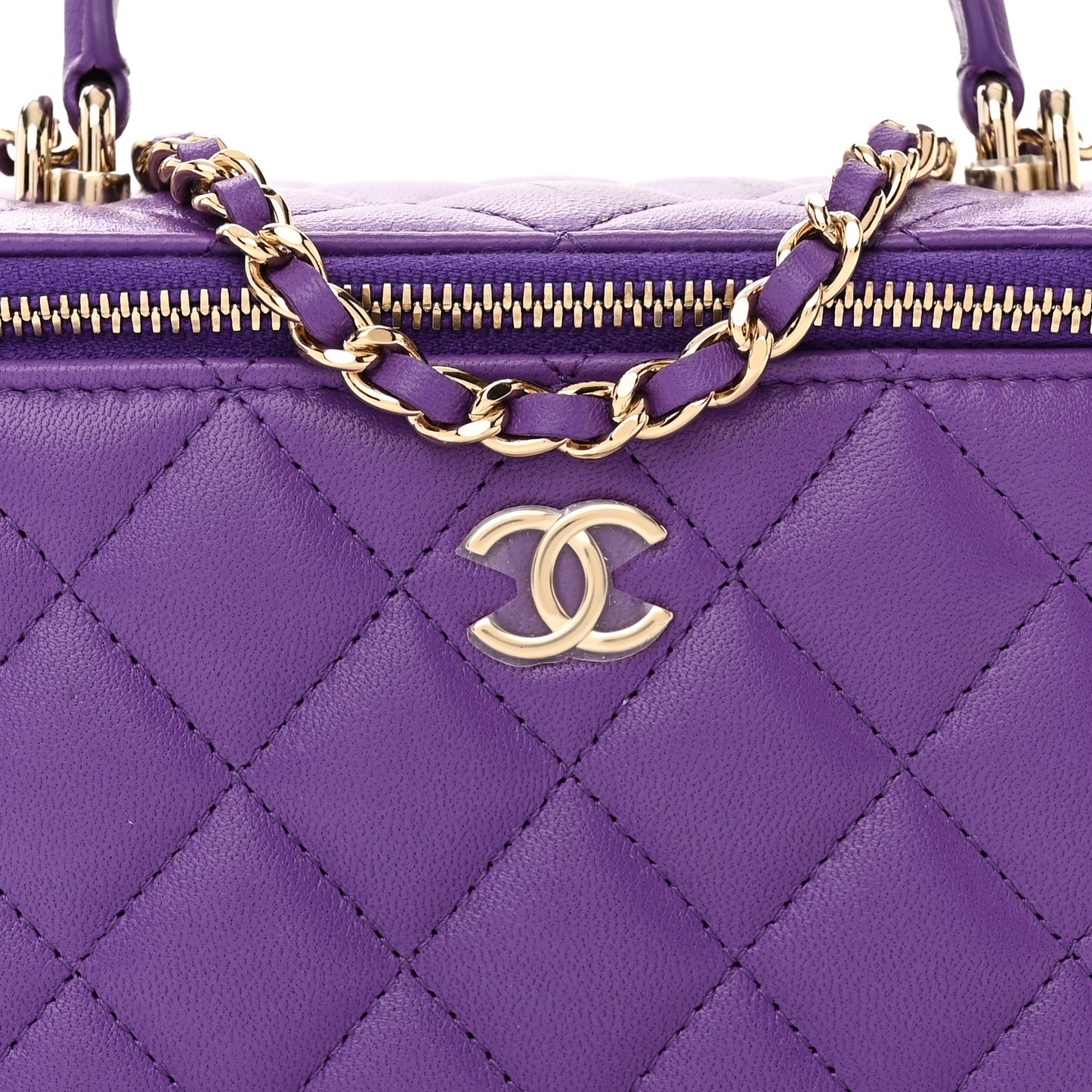 Lambskin Quilted Small Top Handle Vanity Case With Chain Purple
