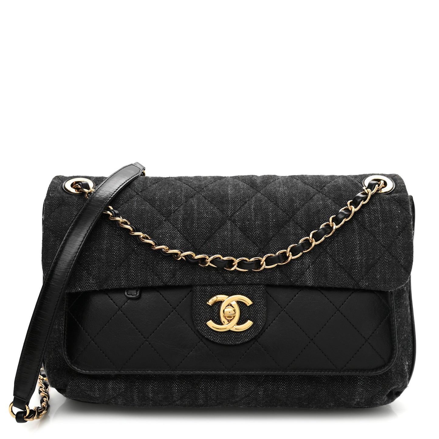 Denim Calfskin Quilted Small Flap Black