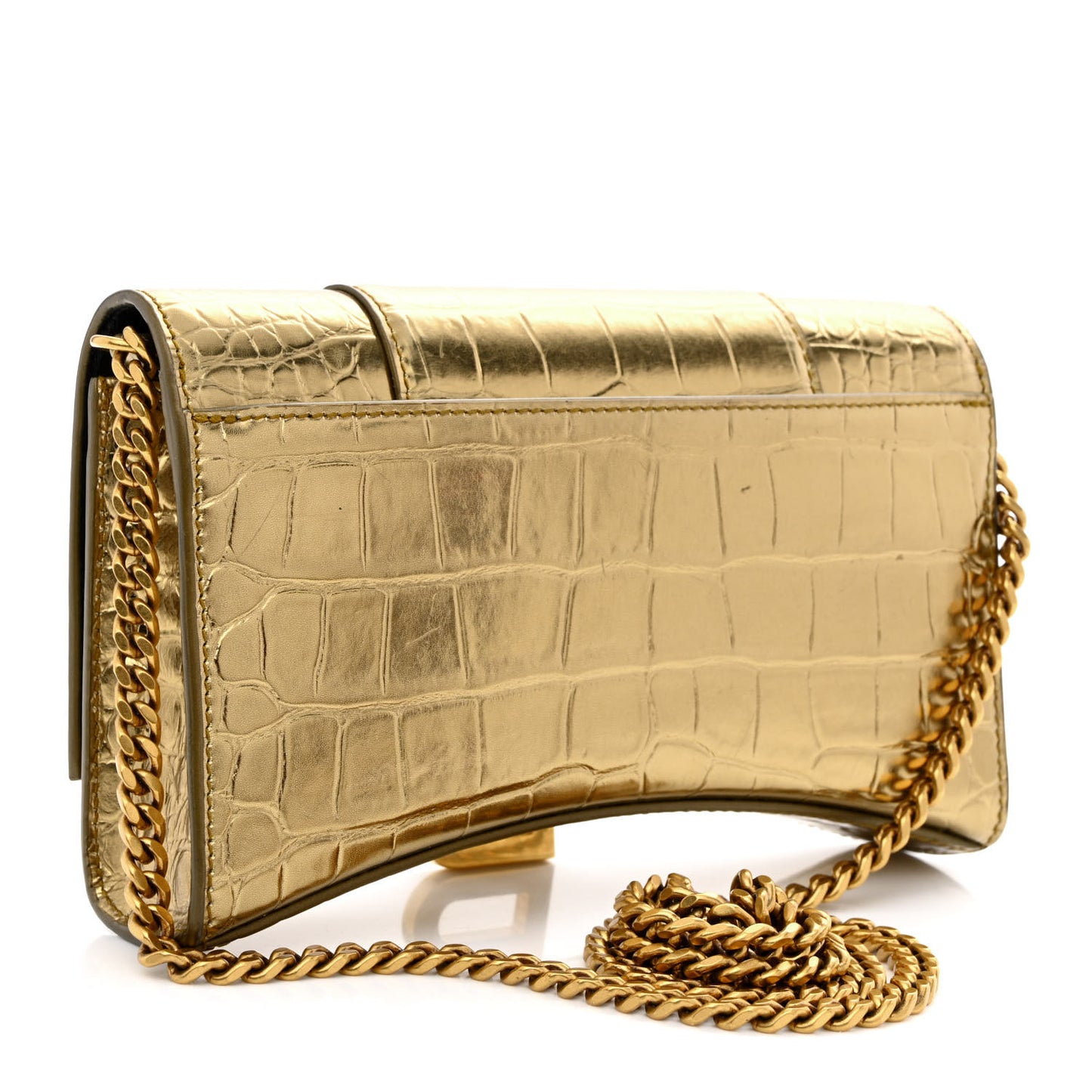 Metallic Calfskin Crocodile Embossed Hourglass Chain Bag Gold