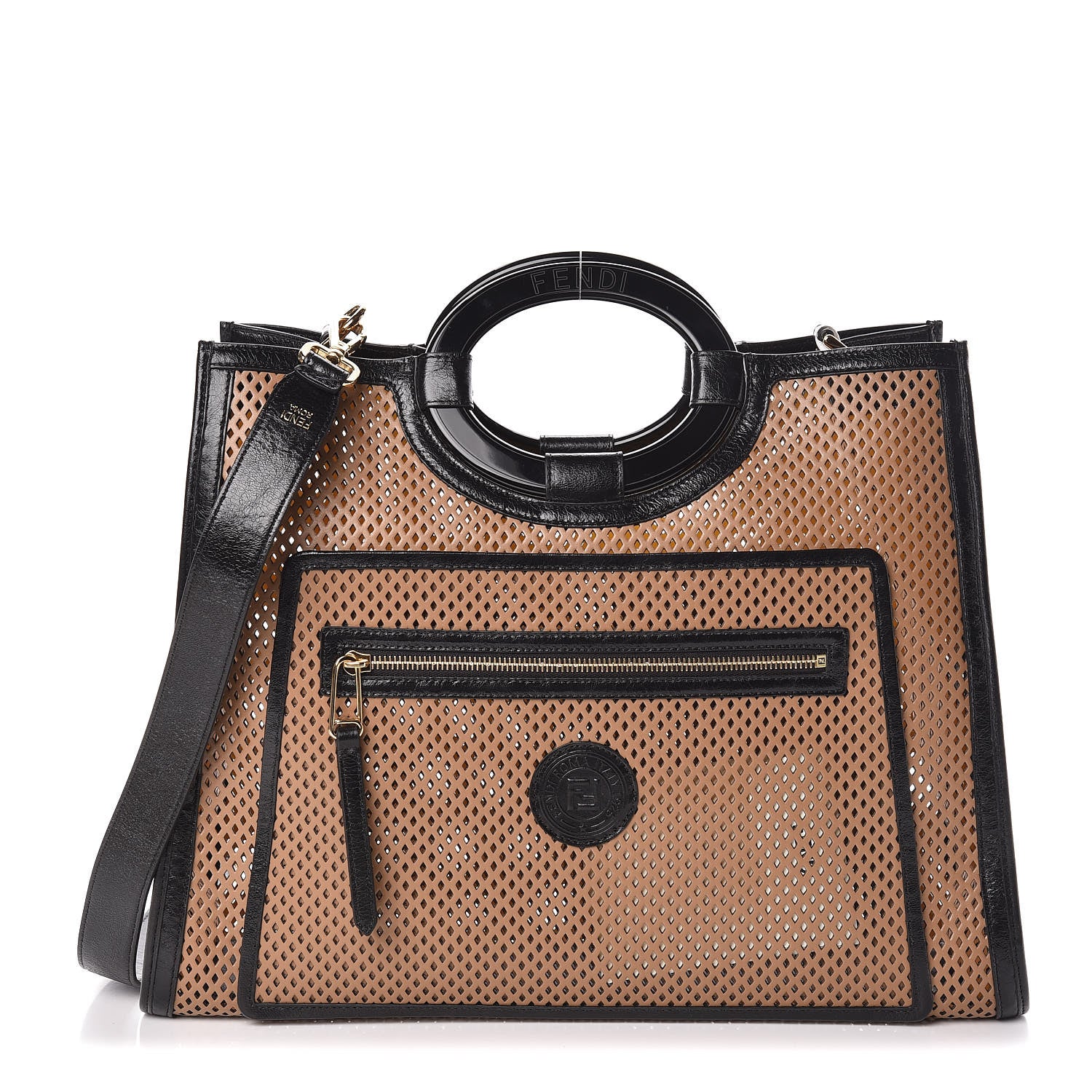 Fendi Vitello Liberty Glossy Lambskin Perforated Medium Runaway Shopper Tote Sand Mimosa Black 1 of 9