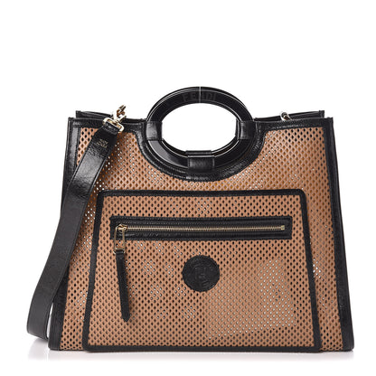 Fendi Vitello Liberty Glossy Lambskin Perforated Medium Runaway Shopper Tote Sand Mimosa Black 1 of 9