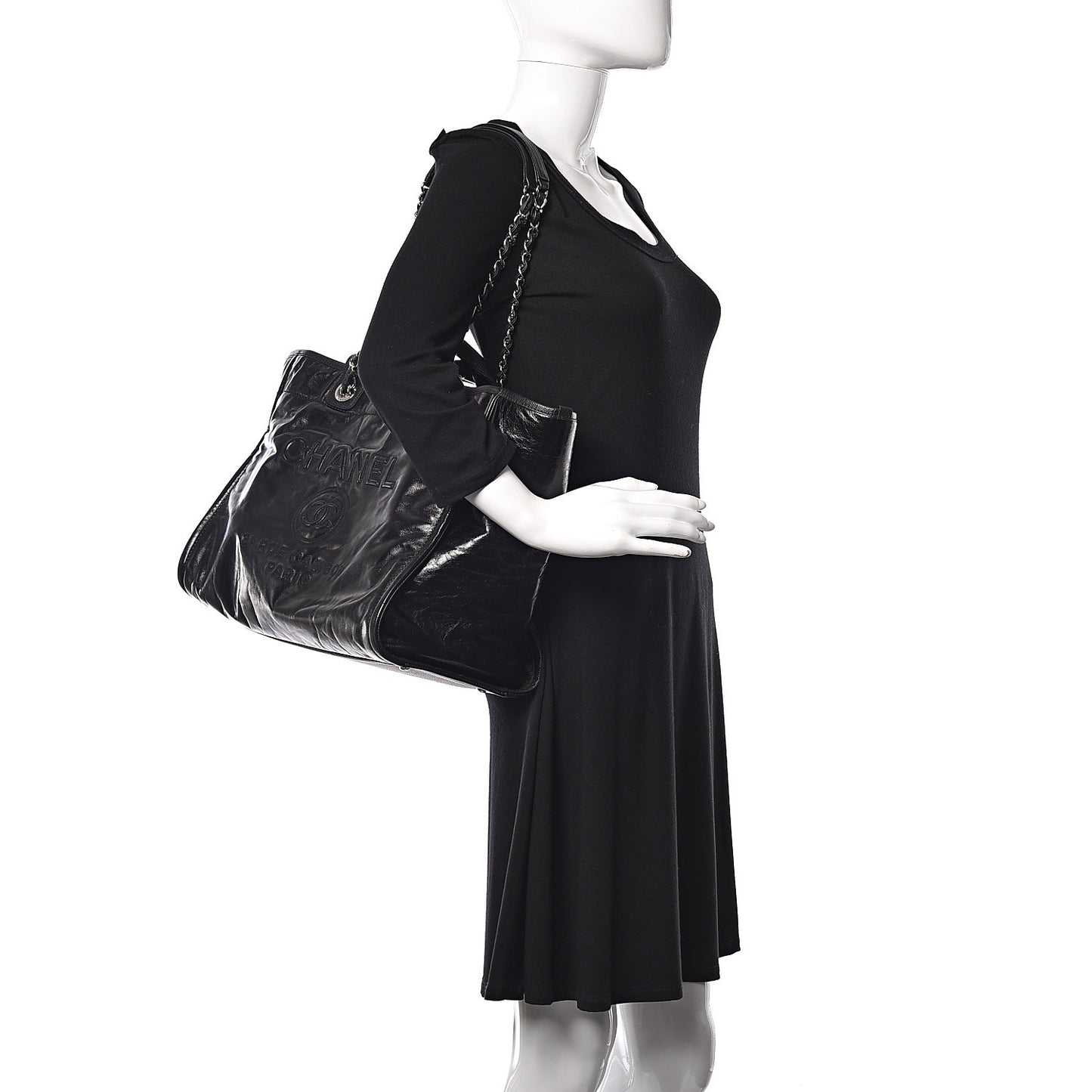 Glazed Calfskin Large Deauville Tote Black