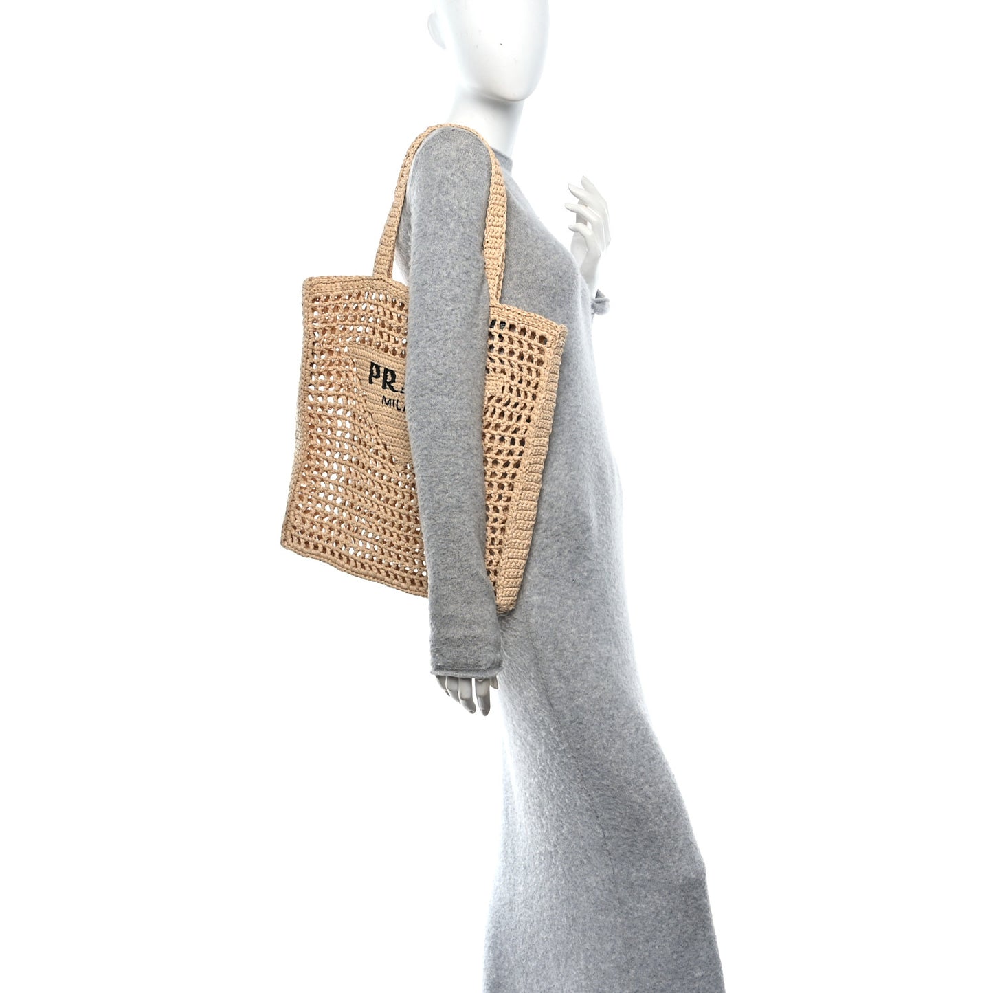 Yarn Raffia Effect Crochet Logo Embroidered Tote Bag Naturale