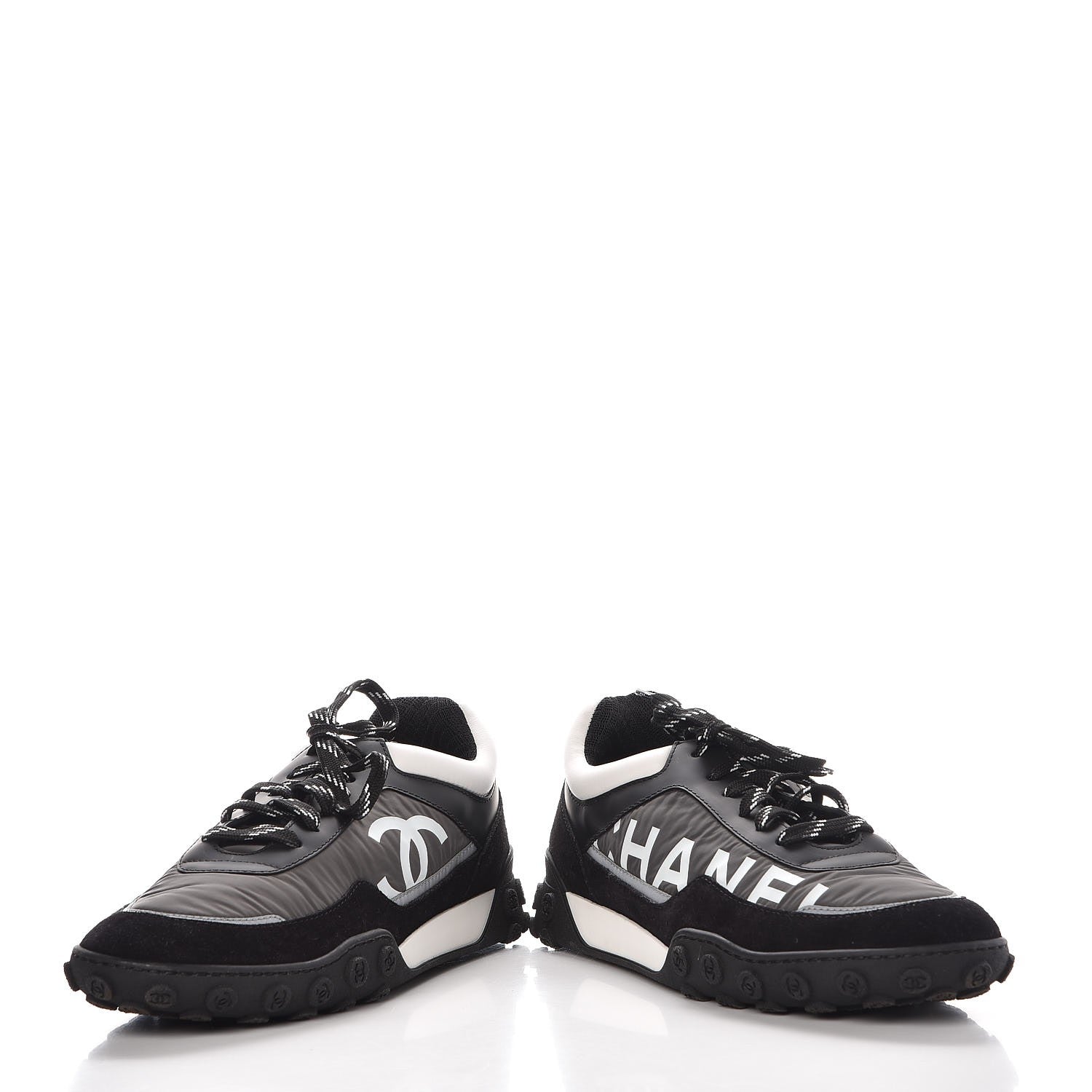 Chanel Nylon Calfskin Suede CC Sneakers 40 Grey Black White 7 of 24