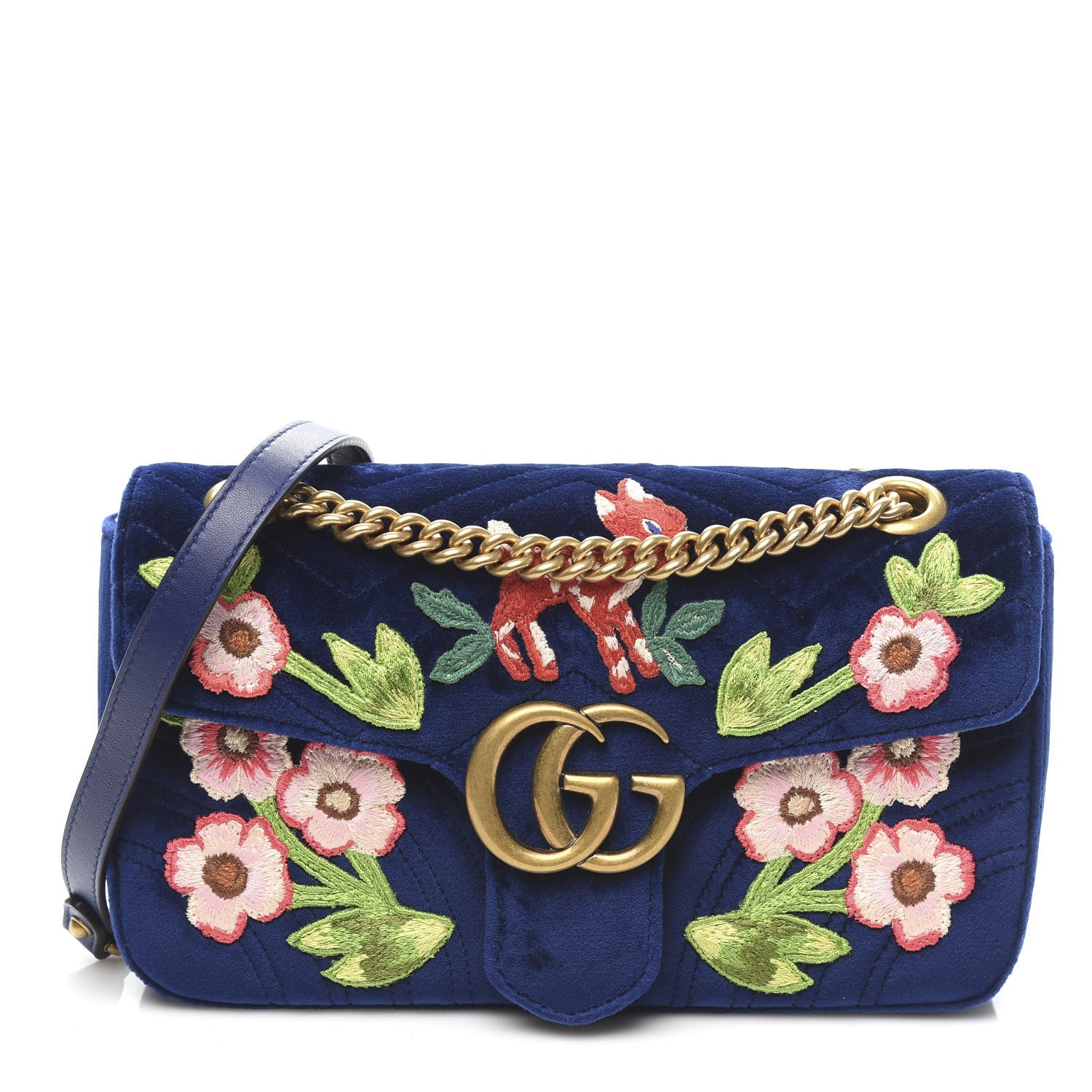 Gucci Velvet Matelasse Deer Embroidered Small GG Marmont Shoulder Bag Cobalt 1 of 10