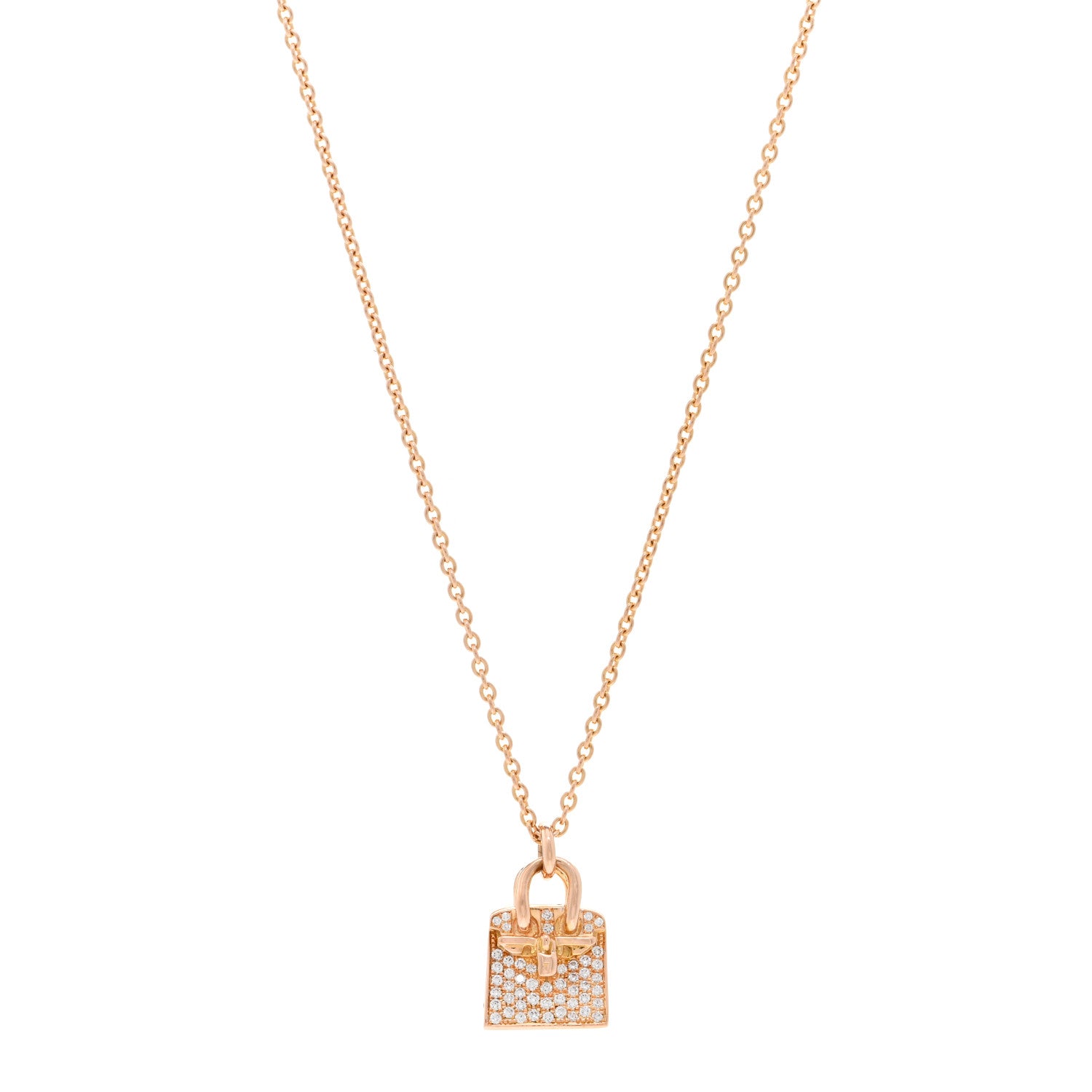 Hermes 18K Rose Gold Diamond Birkin Amulette Pendant Necklace 1 of 5
