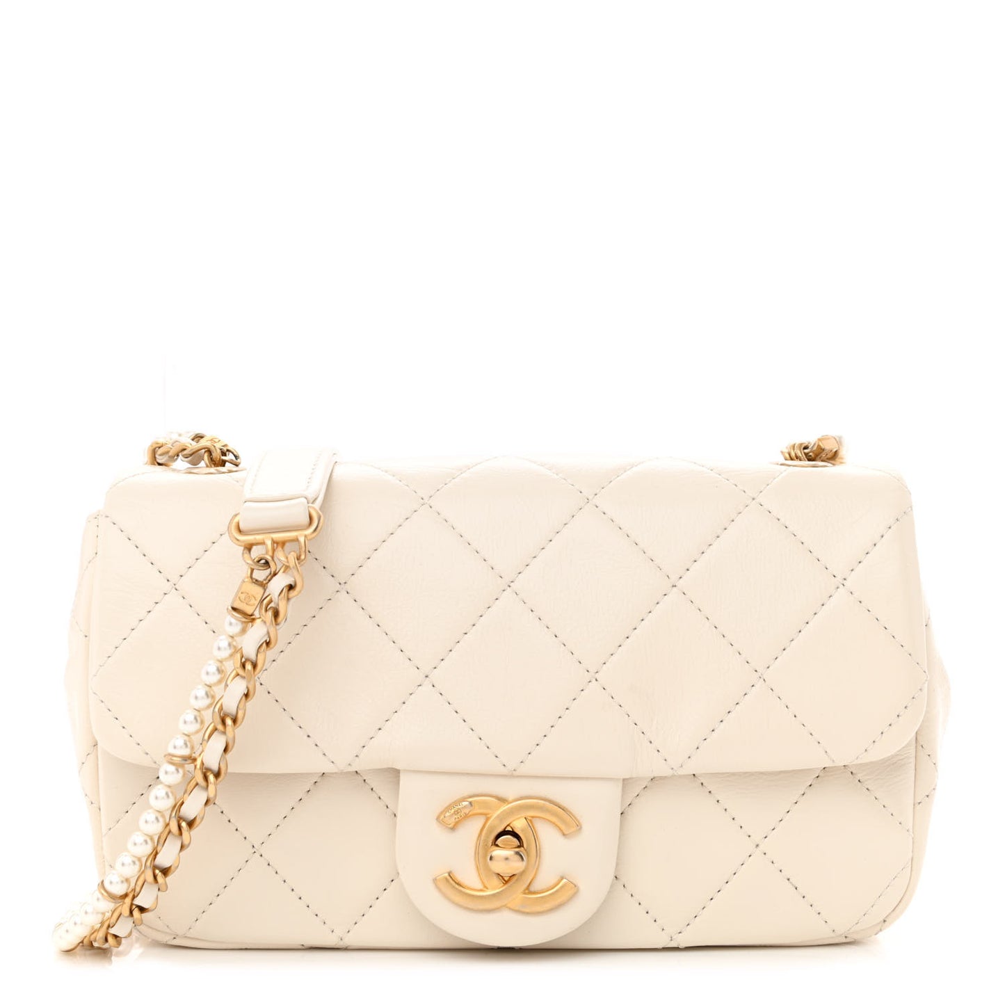 Calfskin Quilted Mini Crystal Pearls Rectangular Flap White