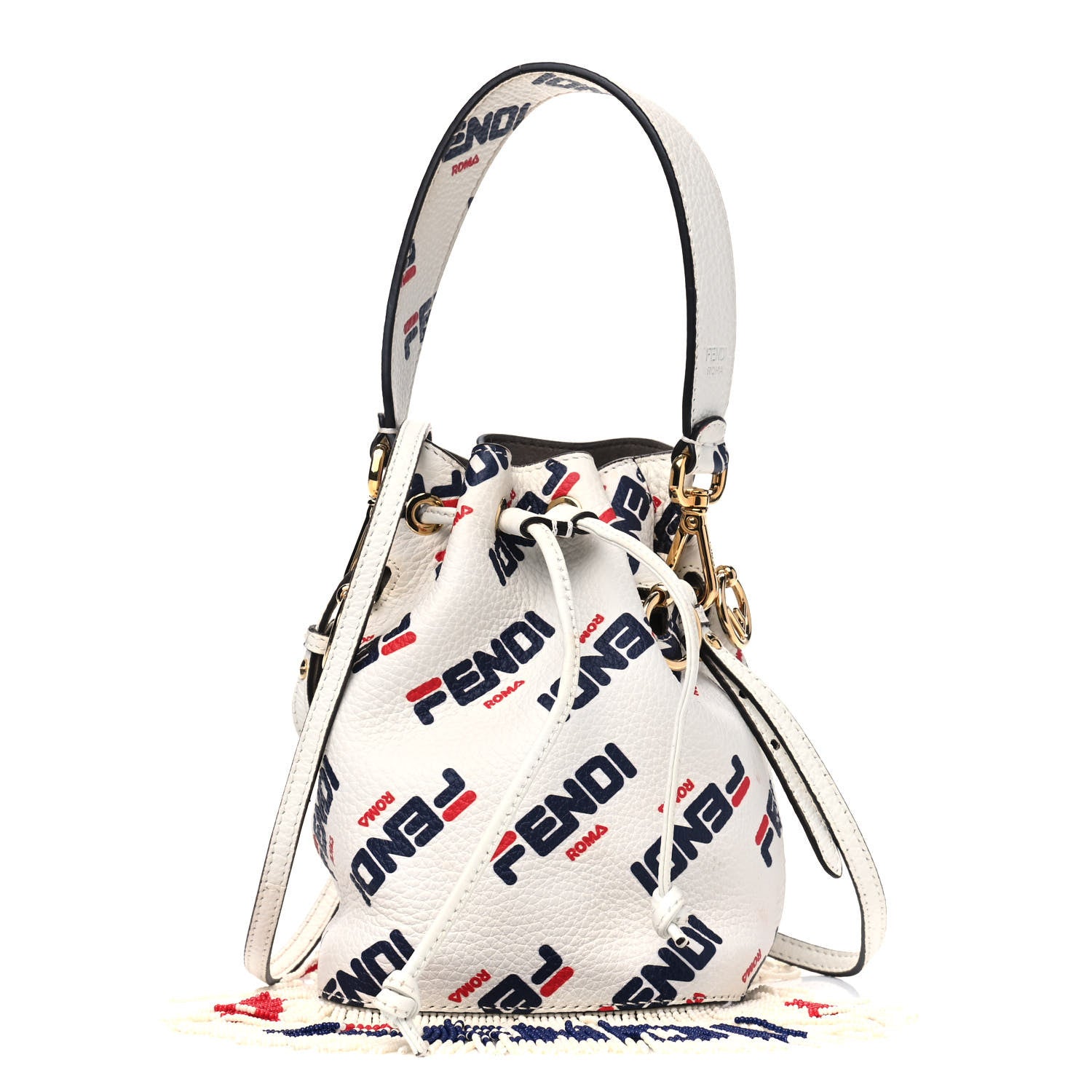 Fendi X FILA Calfskin F is Fendi Mania Fringe Mini Mon Tresor Bucket Bag White 1 of 7