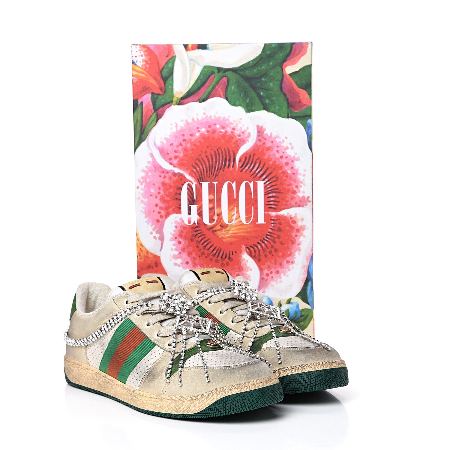 Gucci Nubuck Calfskin Web Removable Crystals Mens Screener Sneakers 9 Dusty Milk New Mystic White 10 of 10