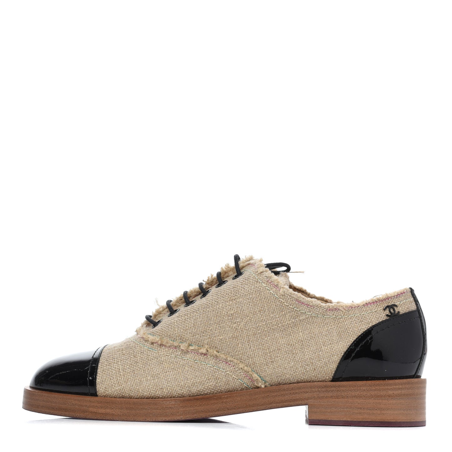 Fabric Patent Calfskin Lace Up Cap Toe Oxfords 39.5 Beige Black
