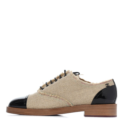 Chanel Fabric Patent Calfskin Lace Up Cap Toe Oxfords 39.5 Beige Black 1 of 18