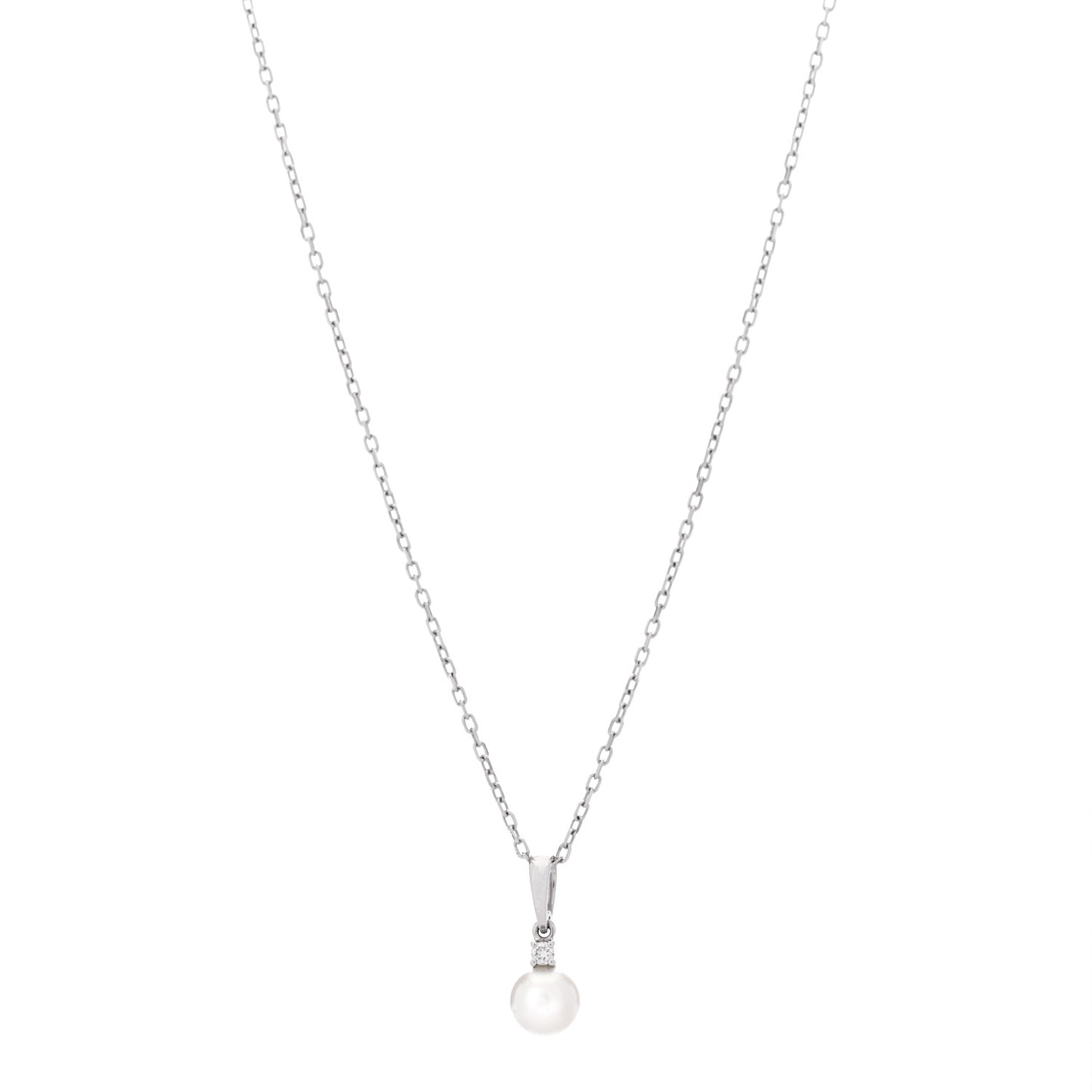 18K White Gold Diamond Akoya Pearl 6mm Drop Pendant Necklace