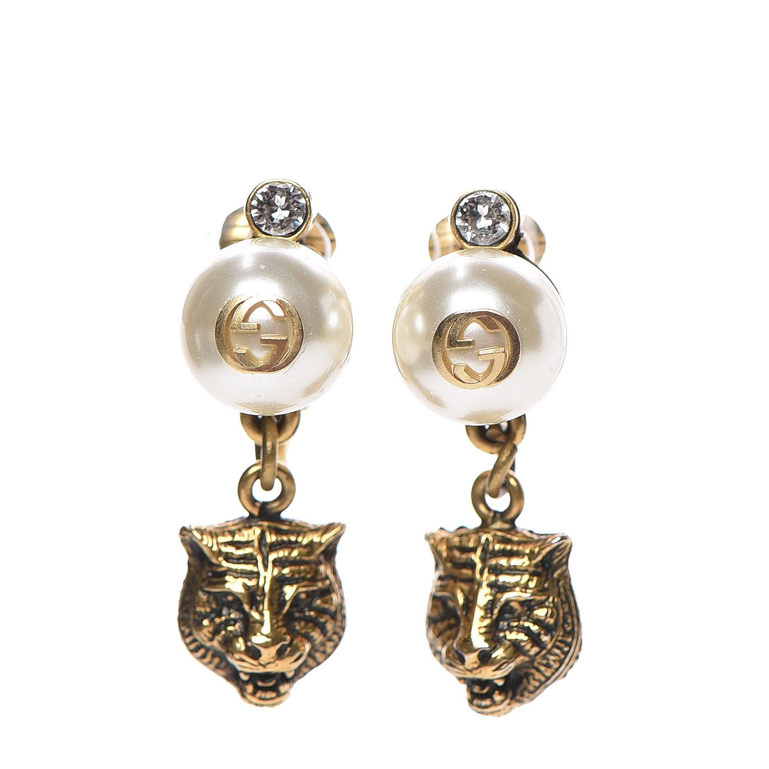 Gucci Metal Crystal Resin Pearl Feline Clip On Earrings Aged Gold 1 of 5