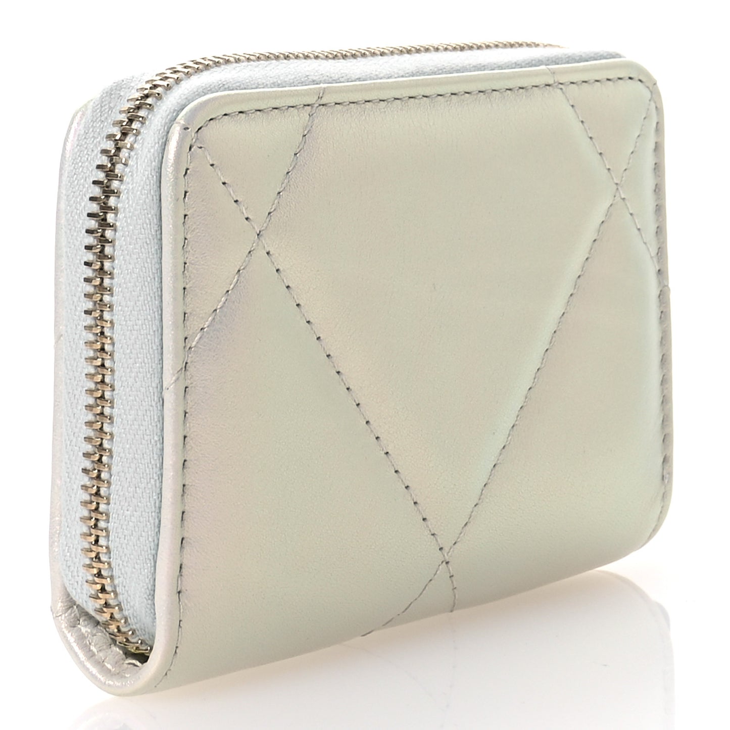 Metallic Goatskin Quilted Chanel 19 Zip Around Coin Purse Wallet Silver