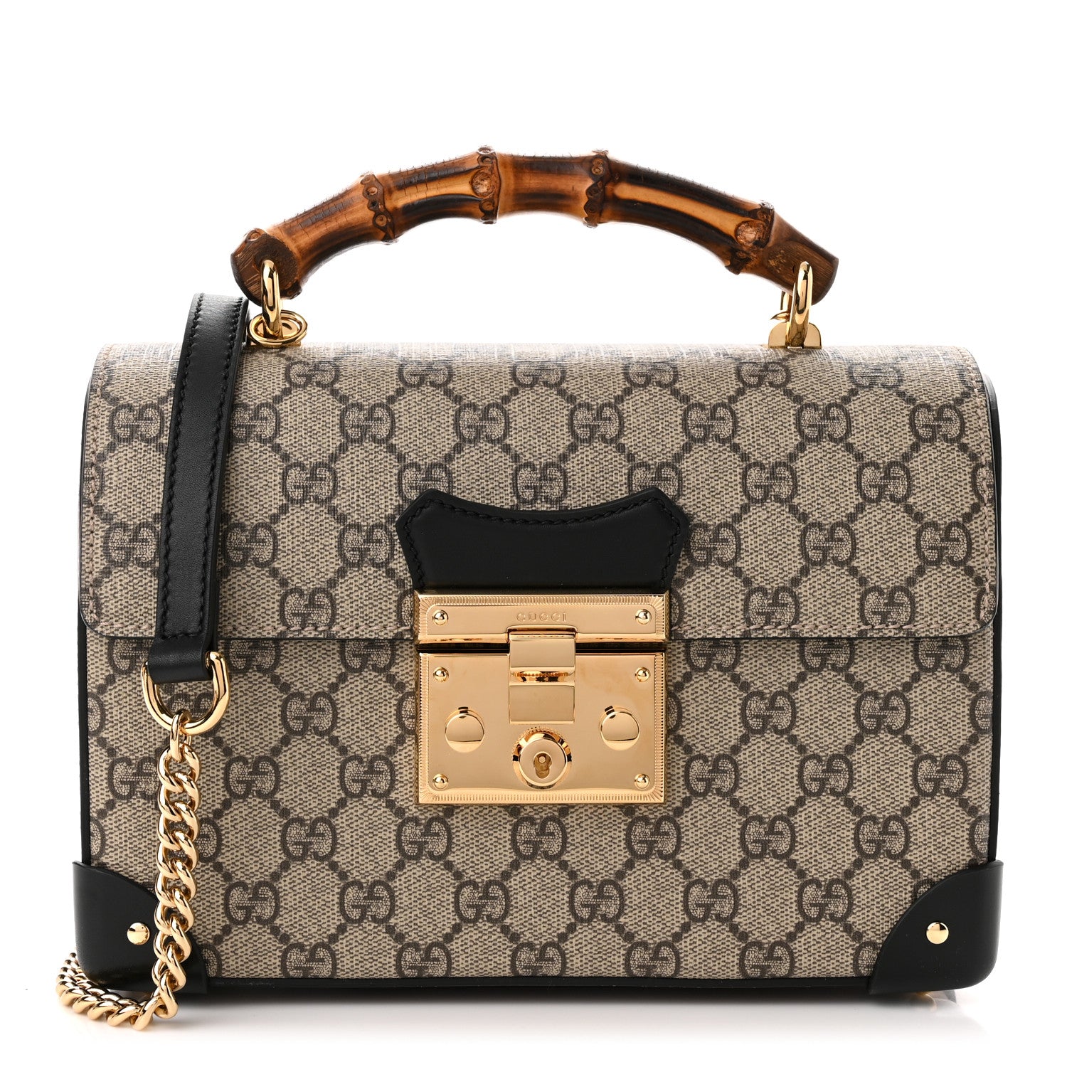 Gucci GG Supreme Monogram Small Padlock Bamboo Shoulder Bag Beige Black Cuir 1 of 10