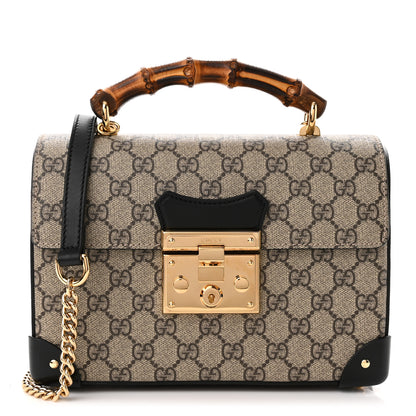 Gucci GG Supreme Monogram Small Padlock Bamboo Shoulder Bag Beige Black Cuir 1 of 10