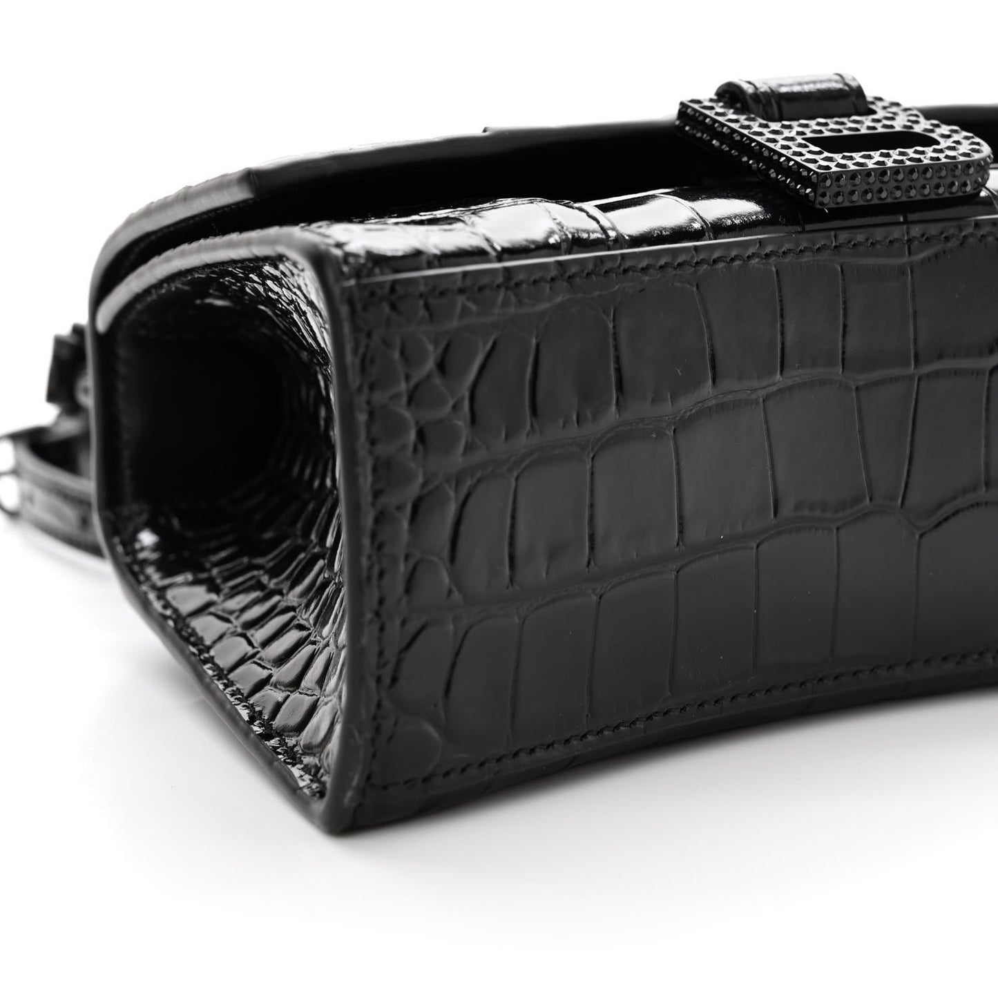 Shiny Calfskin Strass Monochrome Crocodile Embossed Hourglass Top Handle Bag XS Black