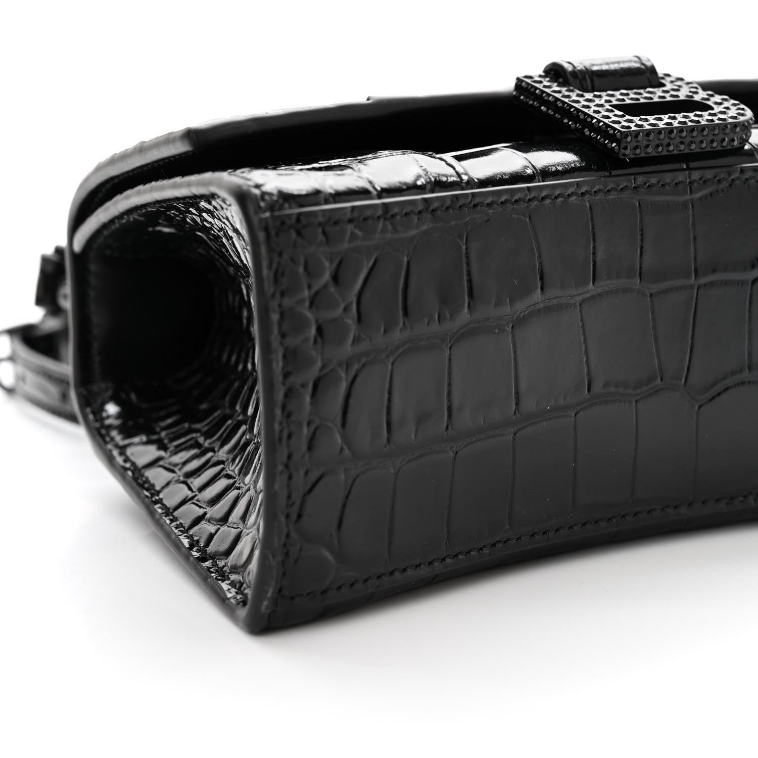 Balenciaga Shiny Calfskin Strass Monochrome Crocodile Embossed Hourglass Top Handle Bag XS Black 10 of 13