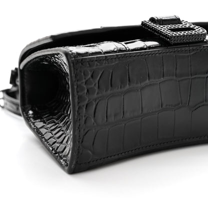 Balenciaga Shiny Calfskin Strass Monochrome Crocodile Embossed Hourglass Top Handle Bag XS Black 10 of 13