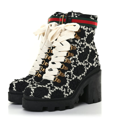 Gucci Tweed GG Monogram Lace Up Combat Ankle Boots 36.5 Black 3 of 7