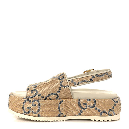 Gucci Raffia GG Monogram Granada Kid Angelina Platform 35mm Slingback Sandals 36 Natural Royale Mystic White 1 of 9