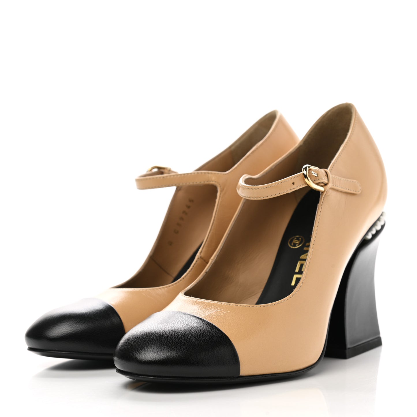 Shiny Goatskin Pearls Cap Toe Open Slingback Pumps 35 Beige Black