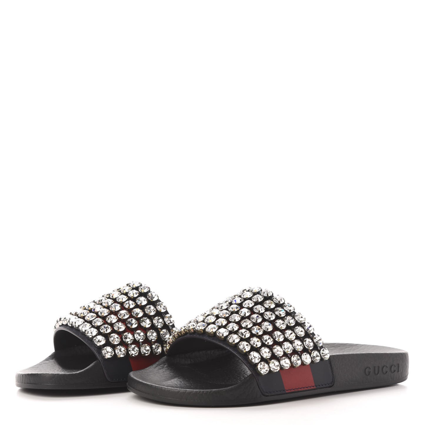 Calfskin Crystal Embellished Web Slide Sandals 35 Blue Red