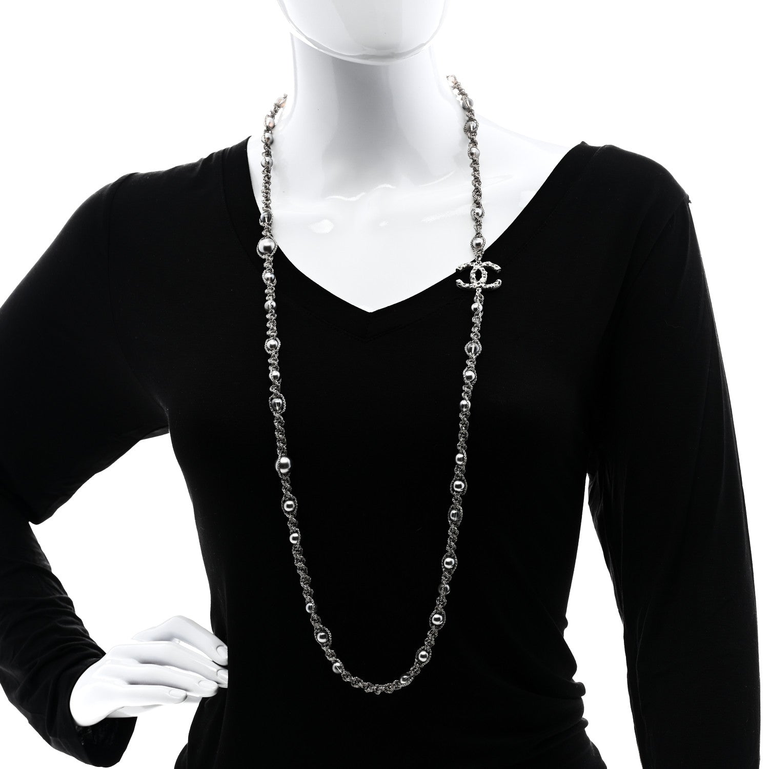 Chanel Crystal Pearl Bead CC Long Necklace Silver Grey 2 of 6