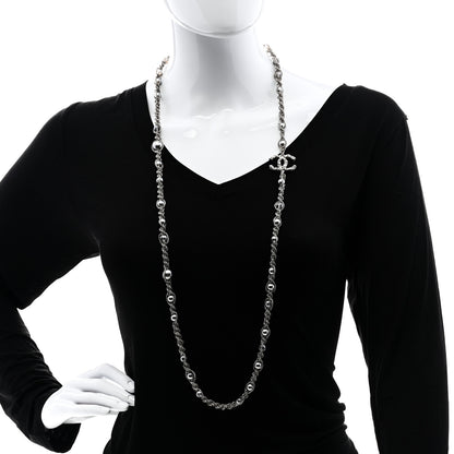 Chanel Crystal Pearl Bead CC Long Necklace Silver Grey 2 of 6