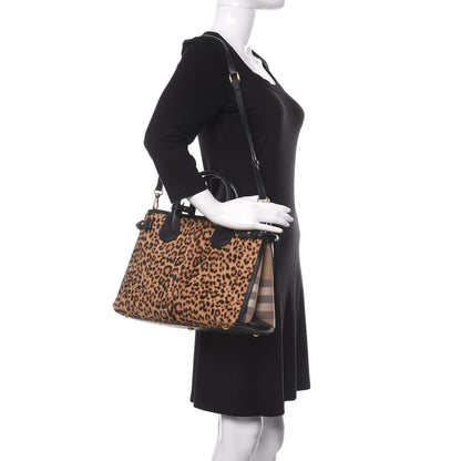 Burberry Calf Hair Leopard Print House Check Medium Banner Tote Black 2 of 14