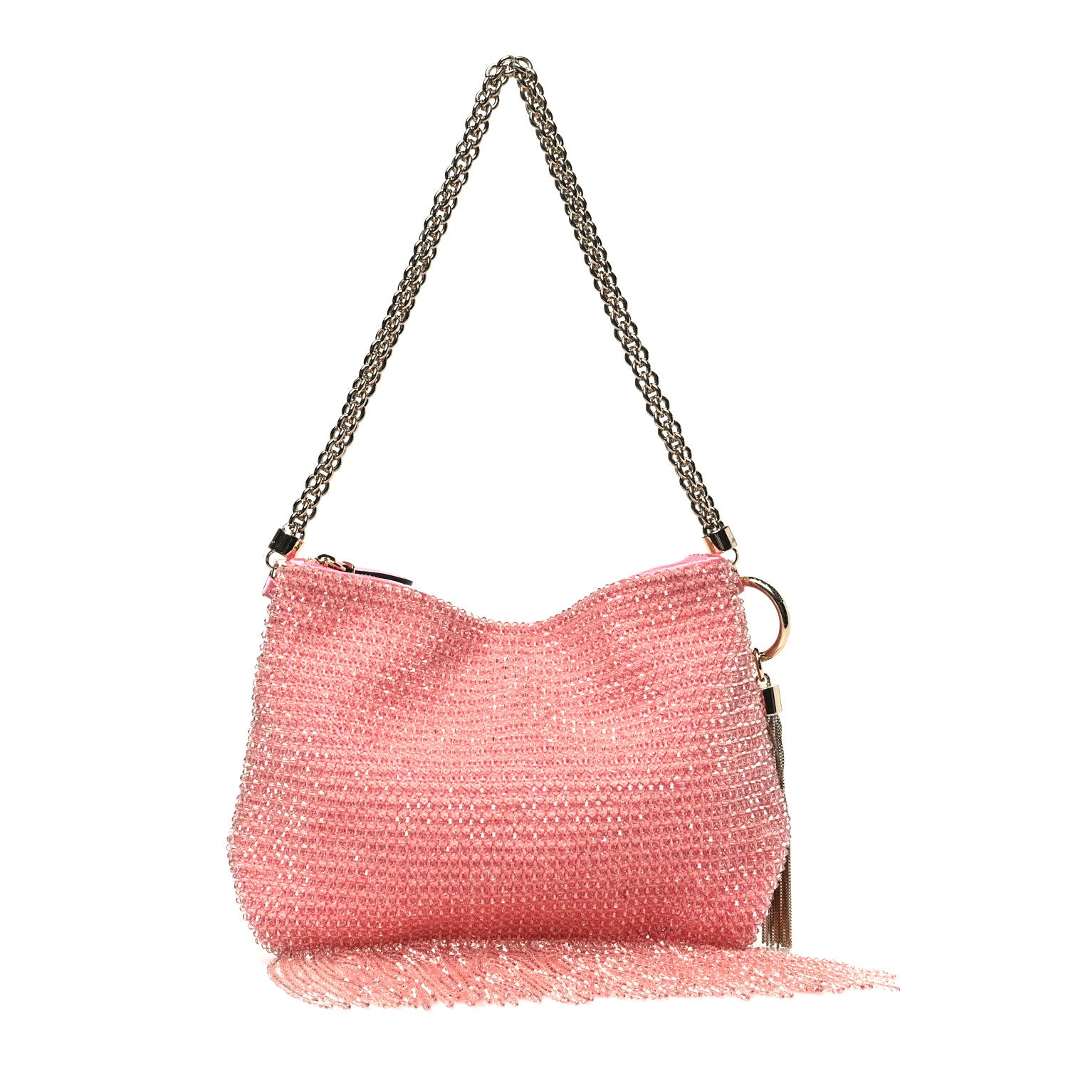 Jimmy Choo Satin Bead Embellished Callie Fringe Tassel Chain Evening Bag Pink 1 of 10