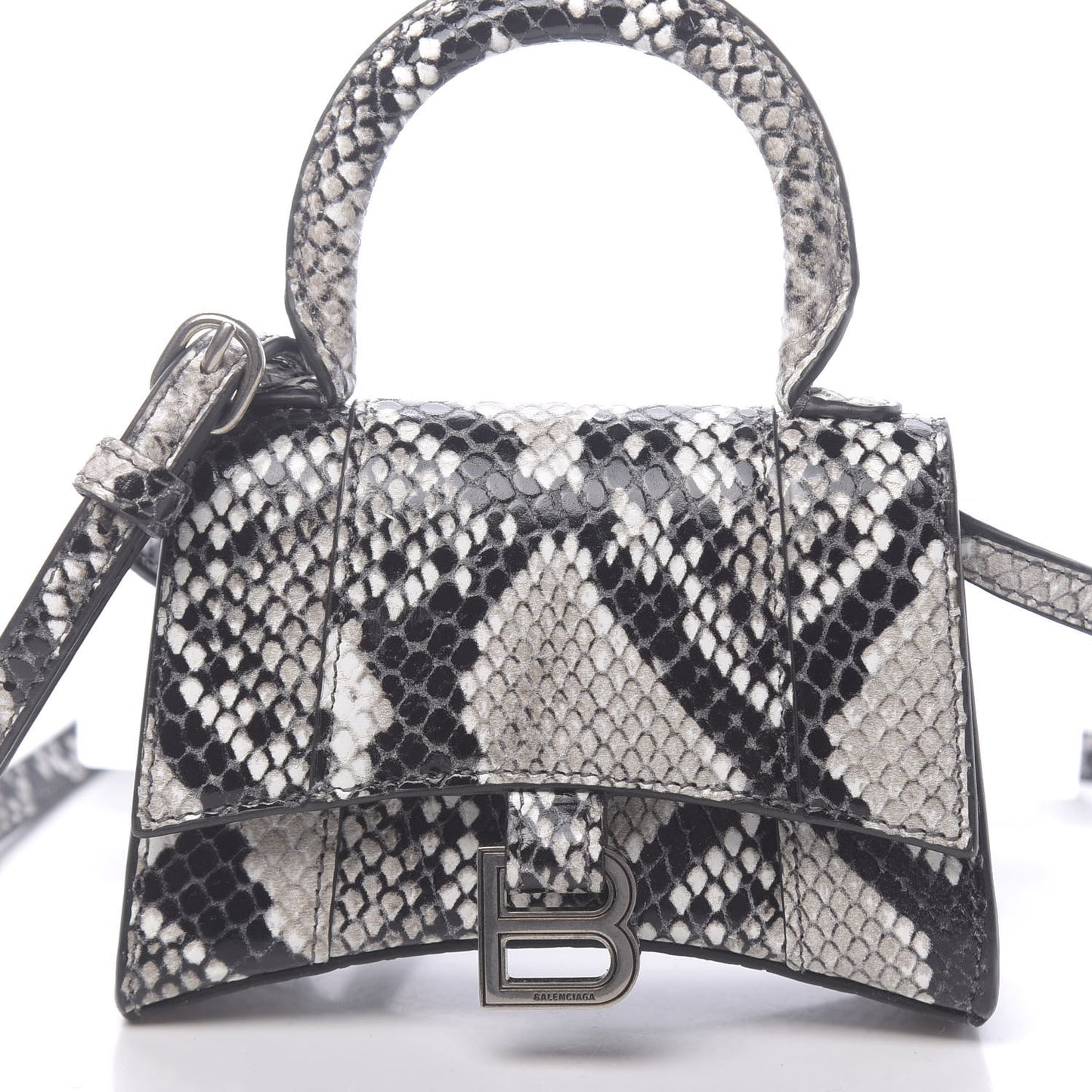 Shiny Calfskin Python Effect Hourglass Top Handle Bag Mini Black White