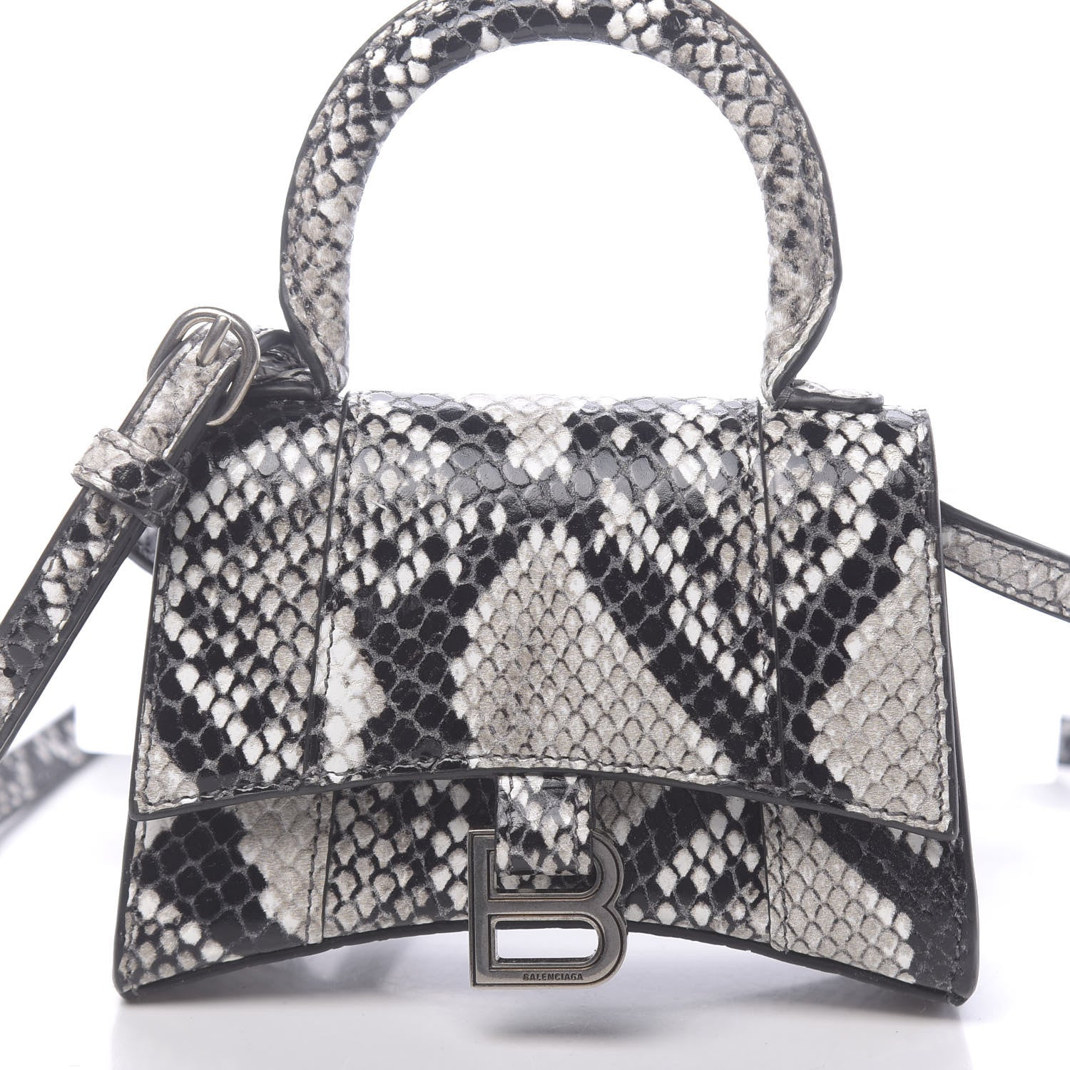 Balenciaga Shiny Calfskin Python Effect Hourglass Top Handle Bag Mini Black White 10 of 10